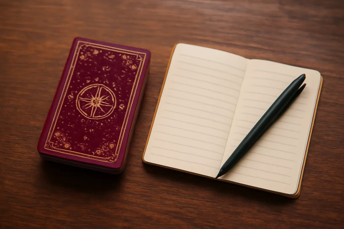 Um baralho de tarot fechado ao lado de um pequeno caderno e uma caneta sobre uma superfície de madeira.
