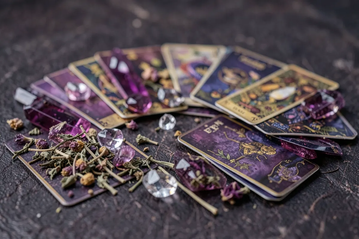 Uma coleção de cristais e ervas dispostos em torno de um círculo de cartas de tarot em uma mesa.