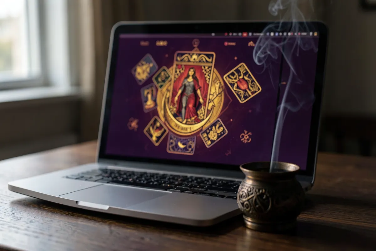 Um close-up de um computador exibindo um site de tarot online, com um consultor místico ao lado.