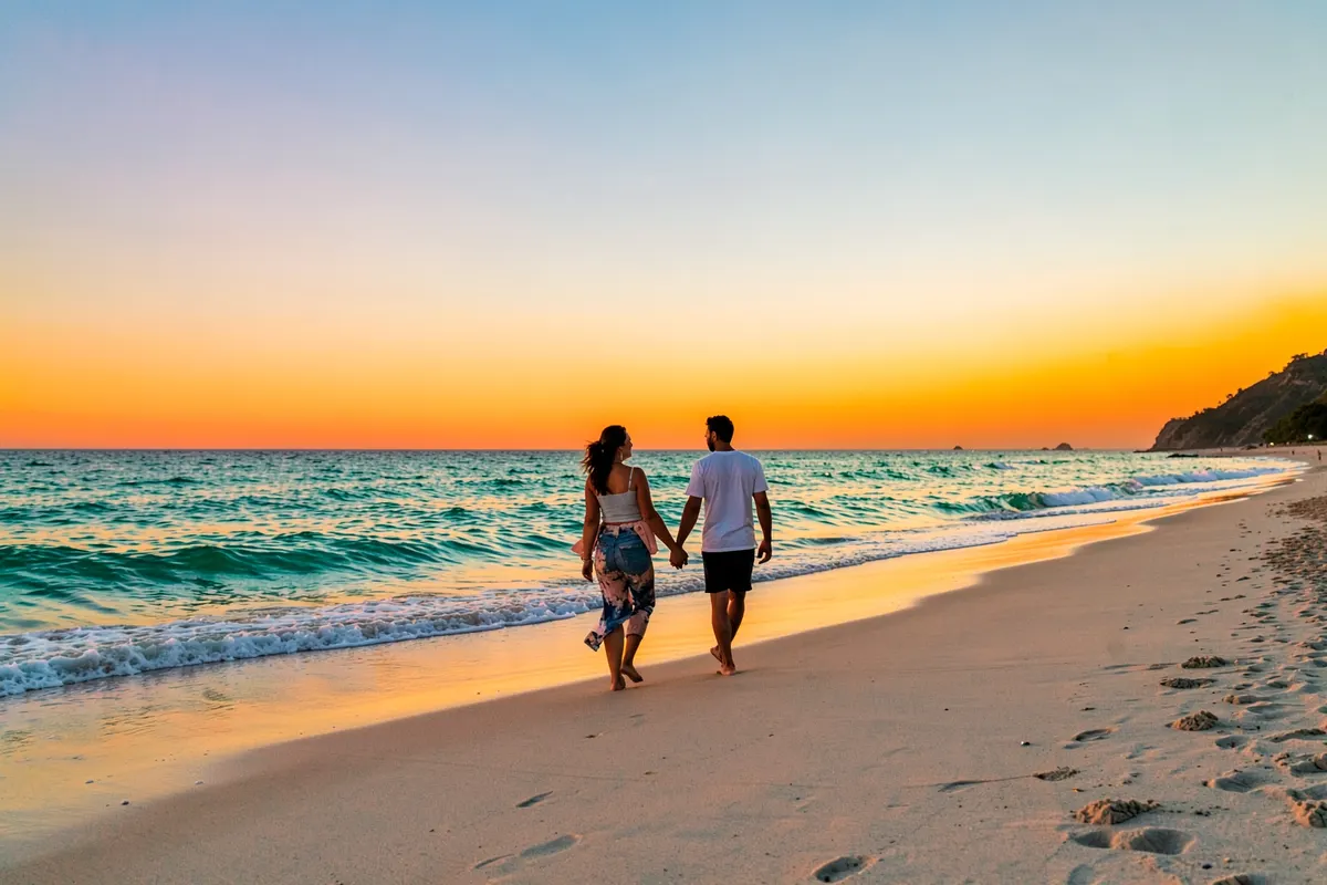 Casal caminhando de mãos dadas em uma praia de Jericoacoara ao pôr do sol com céu alaranjado