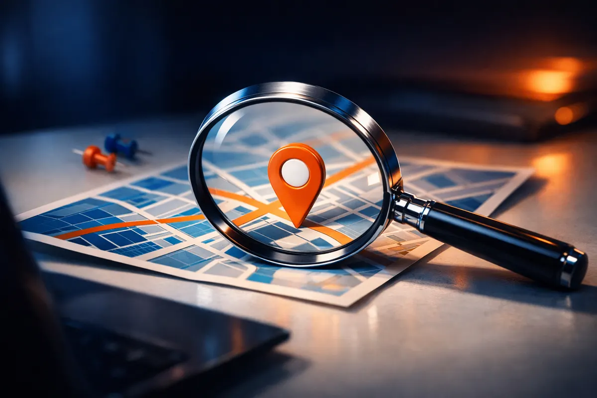 Uma lupa examinando um mapa com um marcador de localização, simbolizando a verificação de empresas no Google.