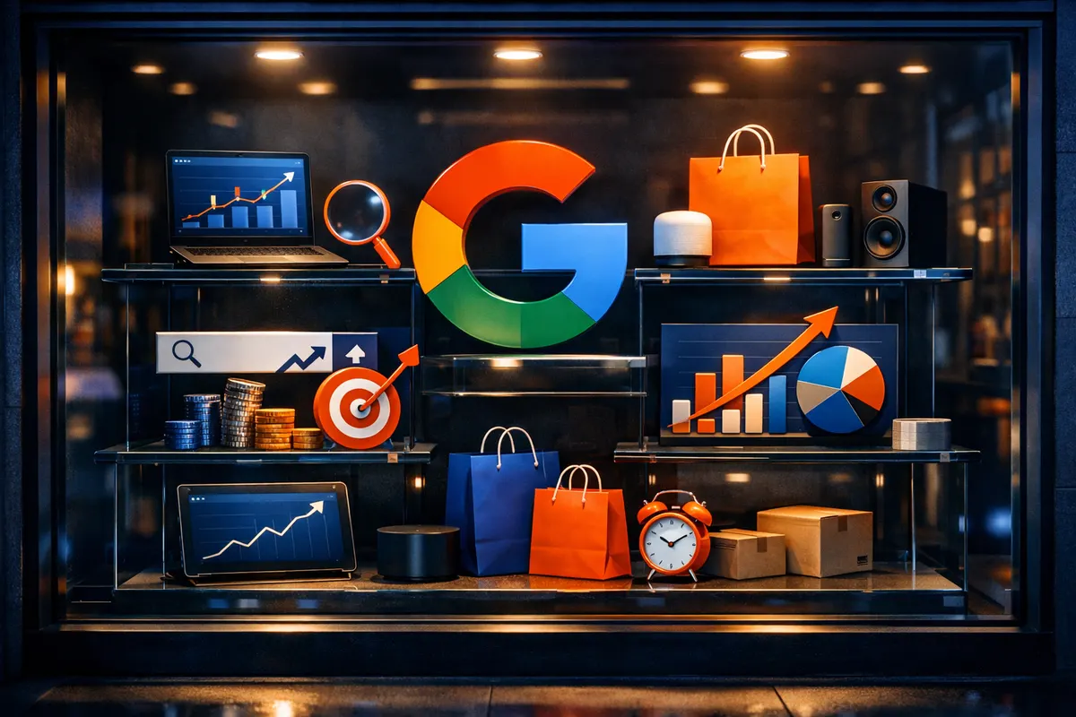 Uma vitrine de loja com produtos organizados e um ícone do Google, representando a adição de produtos ao perfil da empresa.