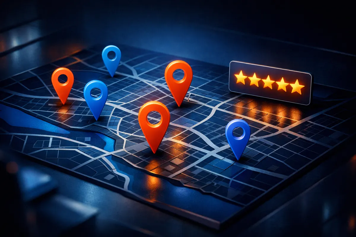 Um mapa com vários marcadores de localização e um ícone de classificação, simbolizando os fatores de classificação local.