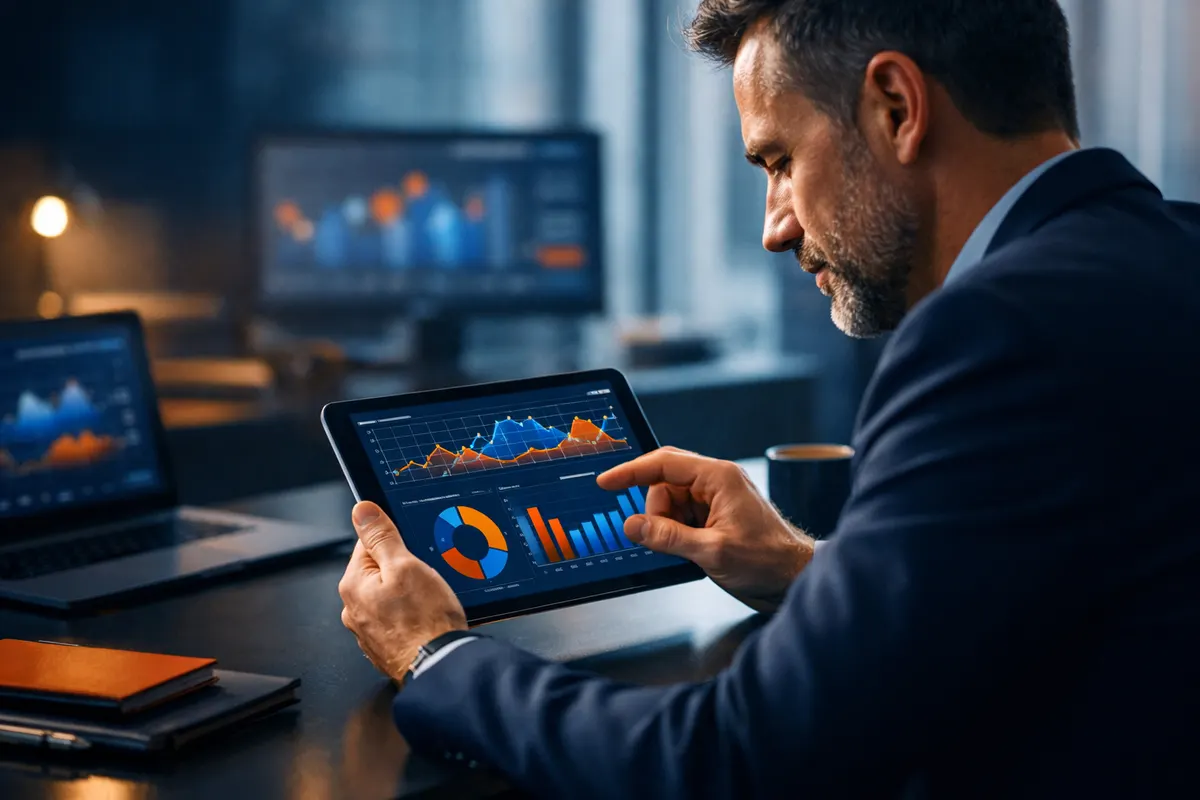 Um homem de negócios em um escritório moderno, analisando dados em um tablet.