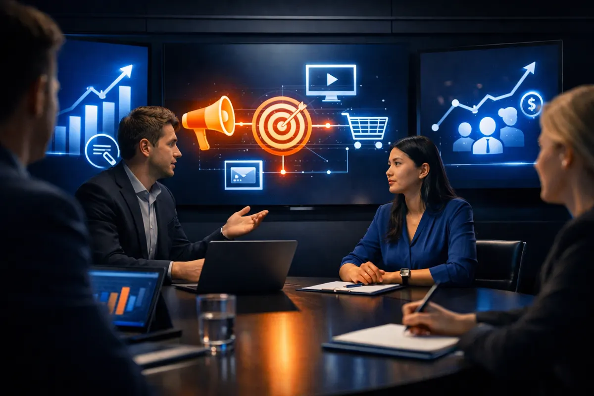 Um grupo de pessoas em uma sala de reunião discutindo estratégias de marketing digital.