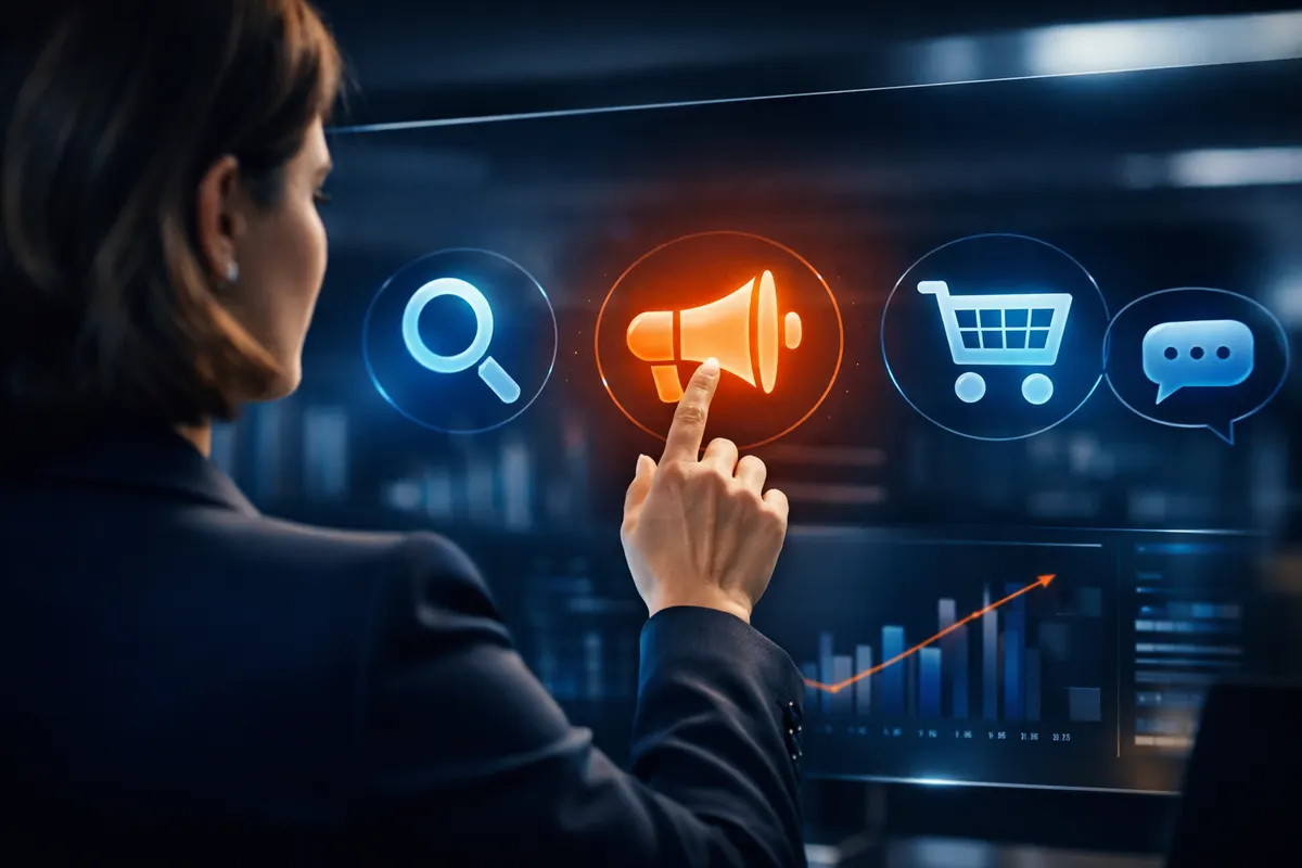 Uma mulher escolhendo entre diferentes ícones de canais digitais em uma tela.