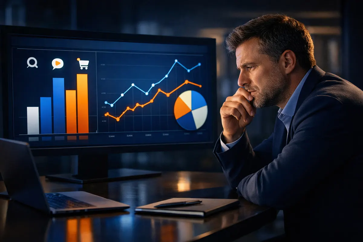 Um homem com expressão de preocupação olhando para um gráfico de desempenho de canais digitais.