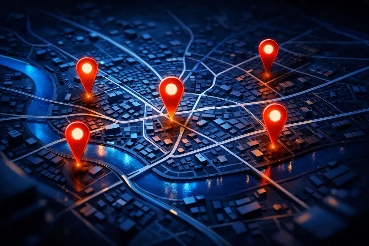 Um mapa estilizado mostrando vários pontos de interesse marcados com pinos vermelhos em uma área urbana.