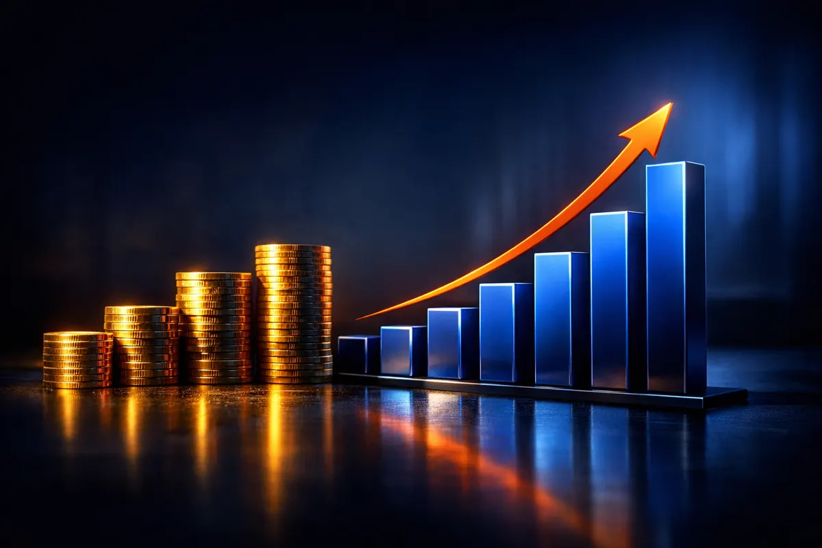 Gráfico de barras ascendente com moedas de ouro empilhadas ao lado, simbolizando crescimento financeiro.