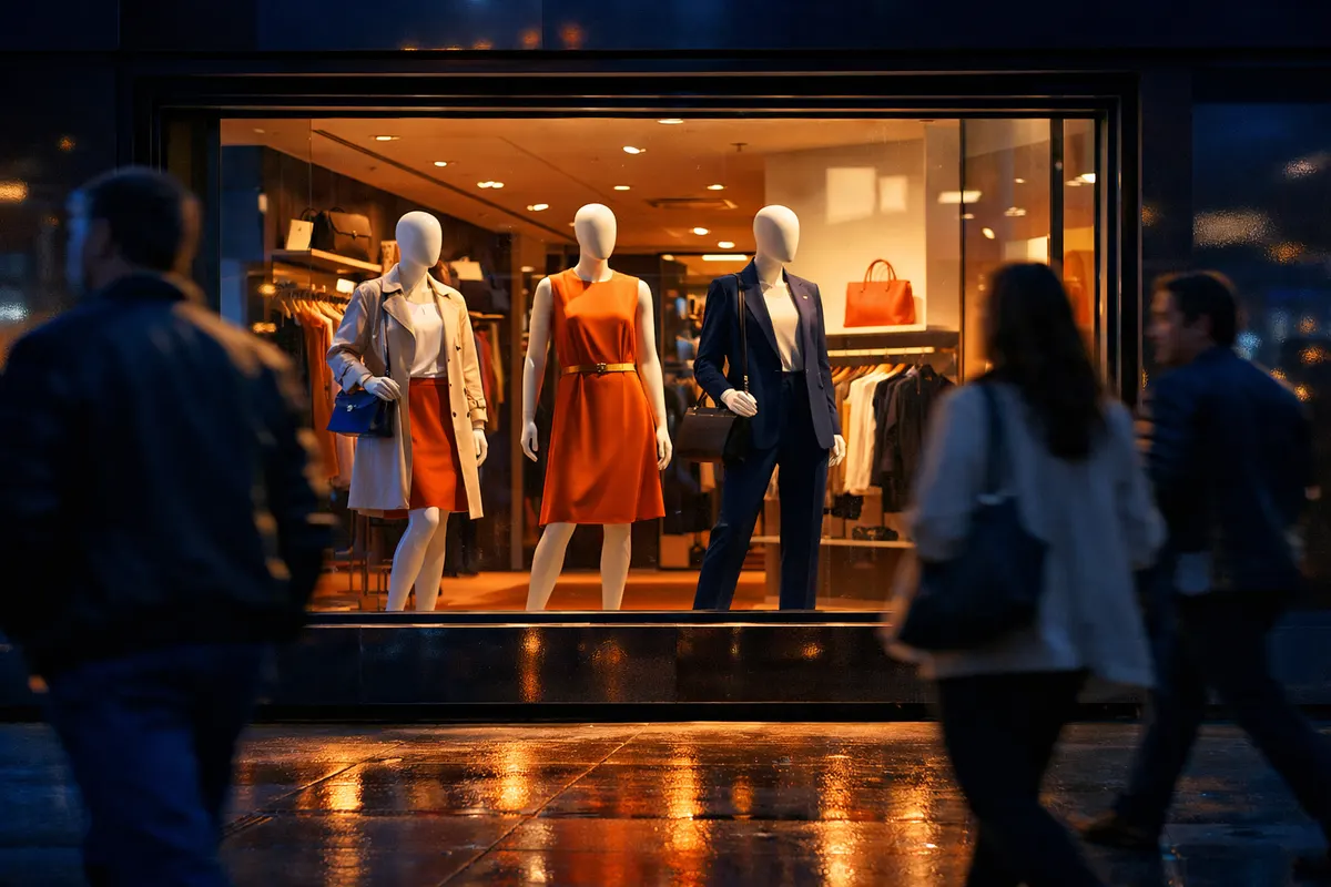 Uma vitrine de loja bem iluminada com manequins exibindo roupas da moda, com pessoas passando na calçada em segundo plano.