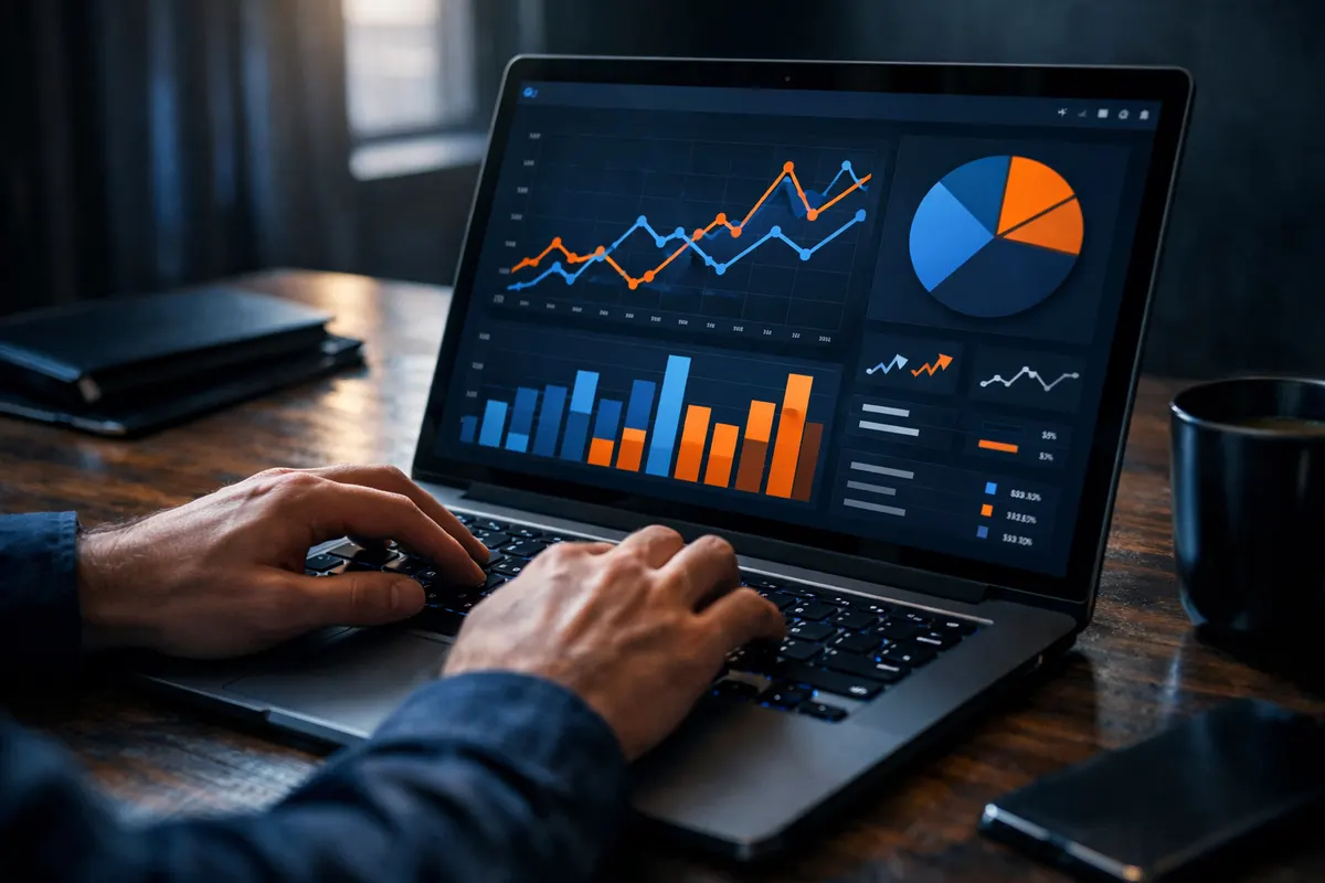 Uma pessoa digitando em um laptop com gráficos de SEO na tela.