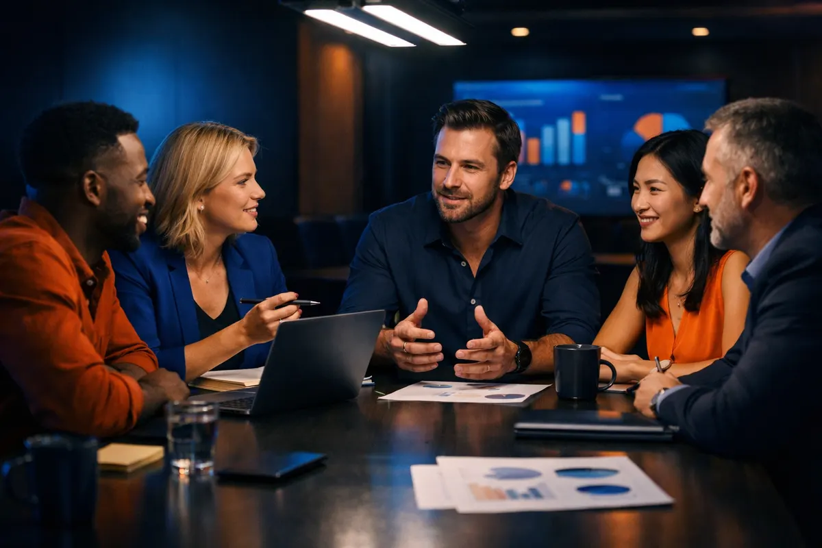 Um grupo de pessoas em uma reunião discutindo estratégias de marketing.