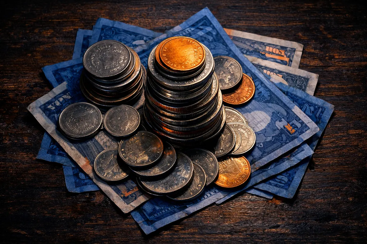 Uma pilha de moedas e notas de dinheiro em uma mesa.