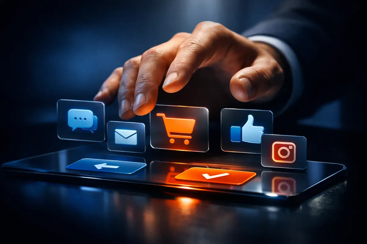 Mão escolhendo entre várias opções de ícones de plataformas digitais em uma tela.