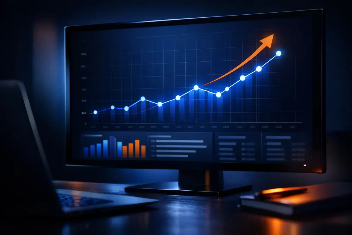 Gráfico de desempenho com linhas ascendentes e indicadores em uma tela de computador.