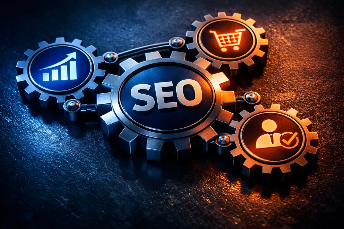 Diagrama de uma engrenagem com o ícone de SEO no centro, conectada a outras engrenagens menores representando tráfego, vendas e reconhecimento de marca.