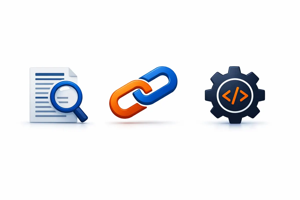 Três ícones representando diferentes tipos de SEO: on-page (página), off-page (link) e técnico (código).