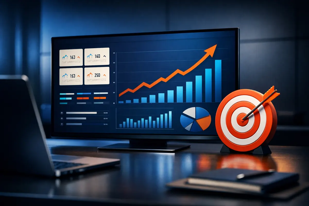 Um painel com gráficos e números, com uma seta apontando para cima indicando sucesso, e um ícone de alvo ao lado.