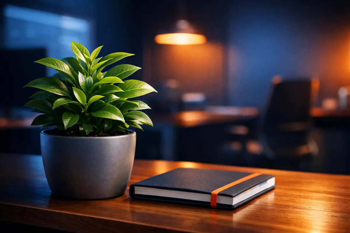 Uma planta de interior verde vibrante em um vaso de cerâmica cinza, colocada sobre uma mesa de madeira ao lado de um notebook fechado. O fundo é um escritório moderno com iluminação profissional e paleta de cores azul marinho e laranja. Detalhe, com luz suave vinda da esquerda.