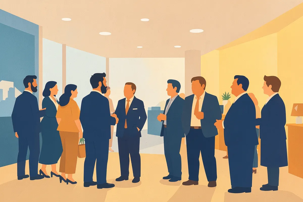 Grupo de pessoas em um evento corporativo em um salão moderno e bem iluminado na Vila Olímpia.
