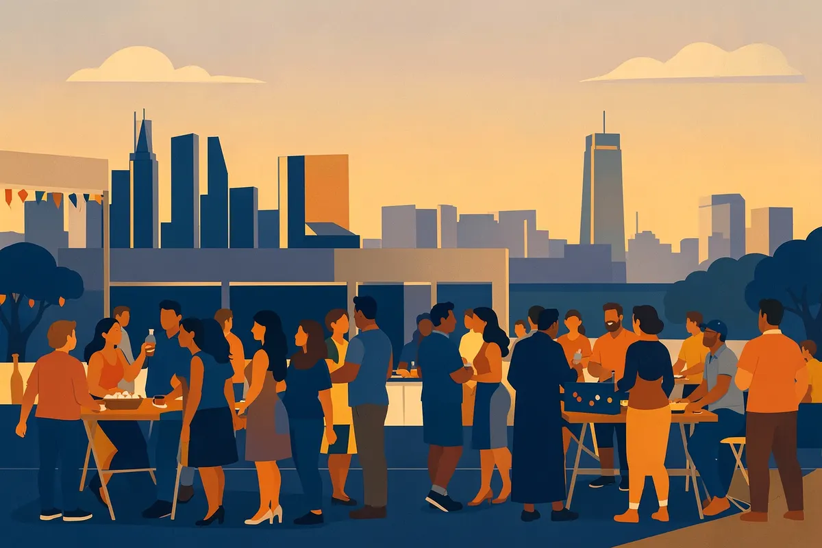 Vista de um grupo diversificado de pessoas em um evento ao ar livre com o skyline da Vila Olímpia ao fundo.