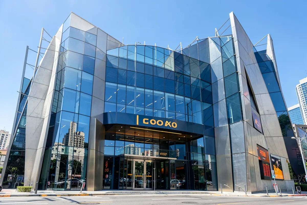 Fachada de um centro de convenções com arquitetura contemporânea e entrada principal convidativa, em um dia ensolarado.