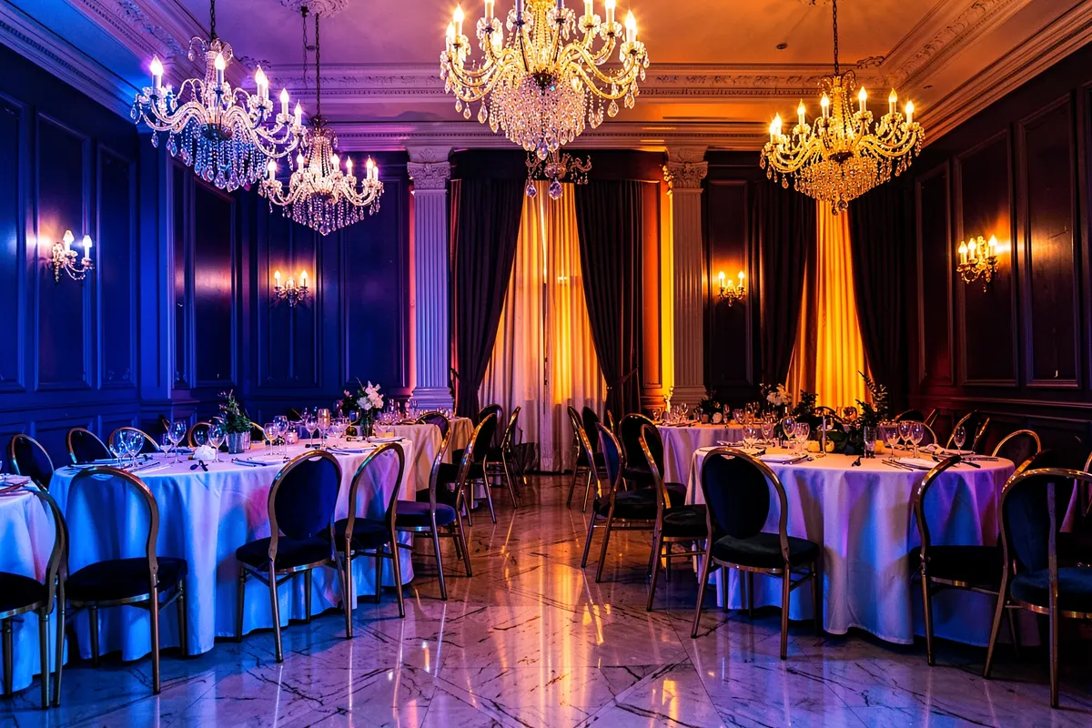 Salão de festas elegante com mesas redondas postas, cadeiras douradas e iluminação de lustre em São Paulo.