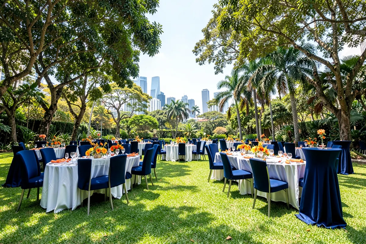 Área externa com gramado verde e árvores, ideal para eventos ao ar livre em São Paulo.