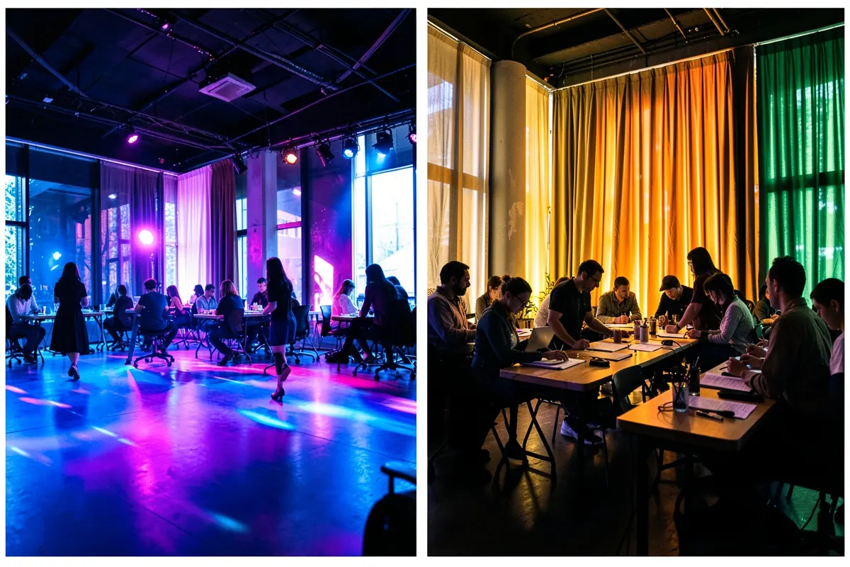 Espaço de coworking com mesas e cadeiras dispostas para um workshop.
