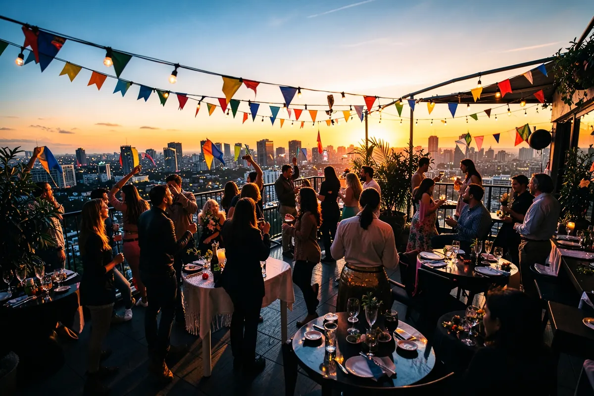 Área externa de um rooftop com vista para a cidade, decorada para uma festa.