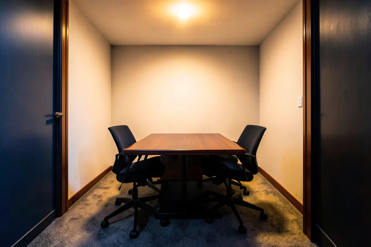 Pequeno salão de reunião com mesa central e cadeiras ao redor.