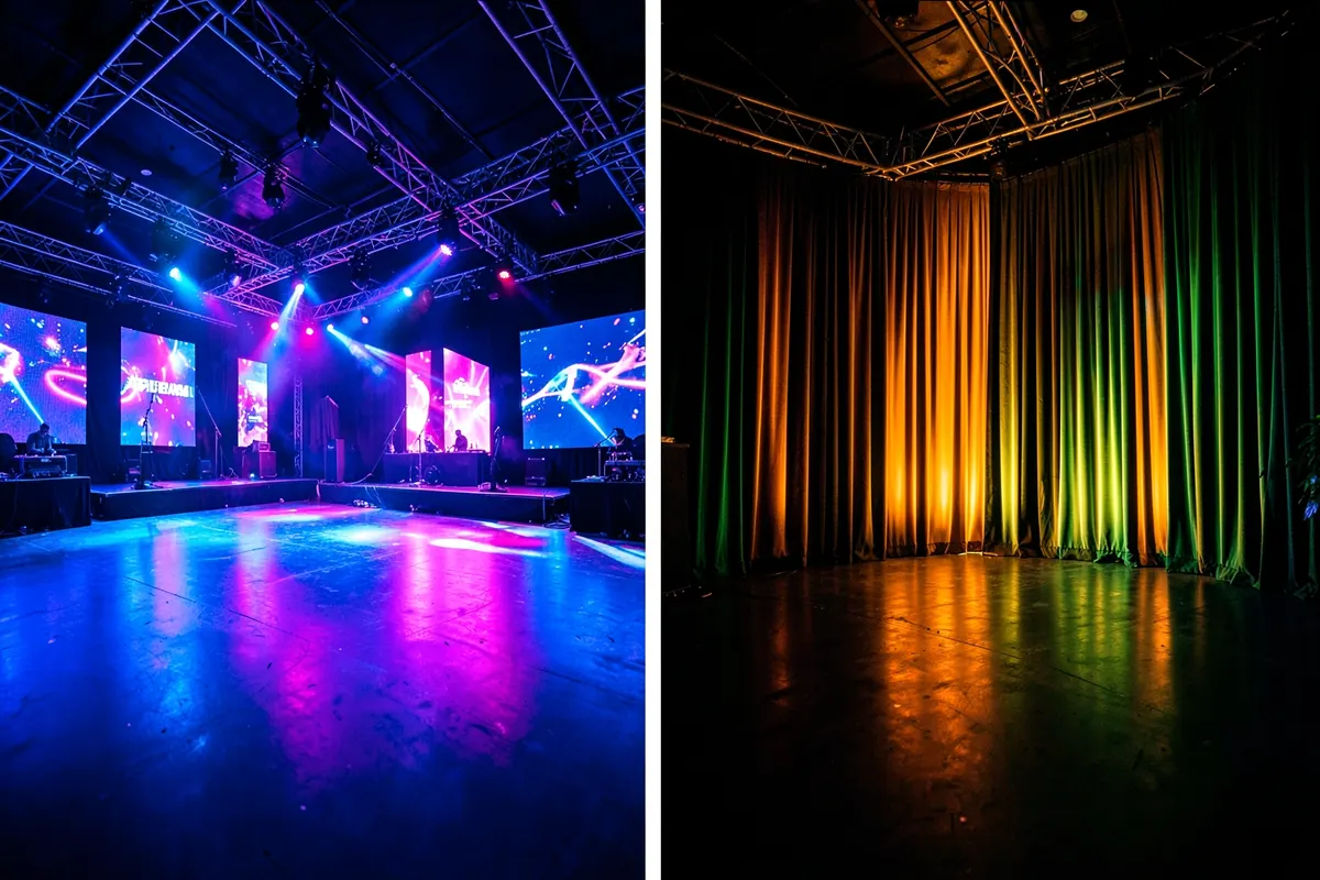 Espaço amplo com painéis de LED e estrutura tecnológica para eventos.