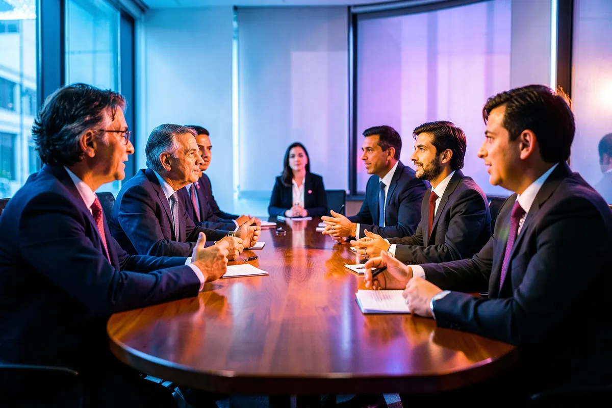 Pessoas reunidas em uma sala de conferências espaçosa e bem iluminada, com mesas dispostas para um evento corporativo.