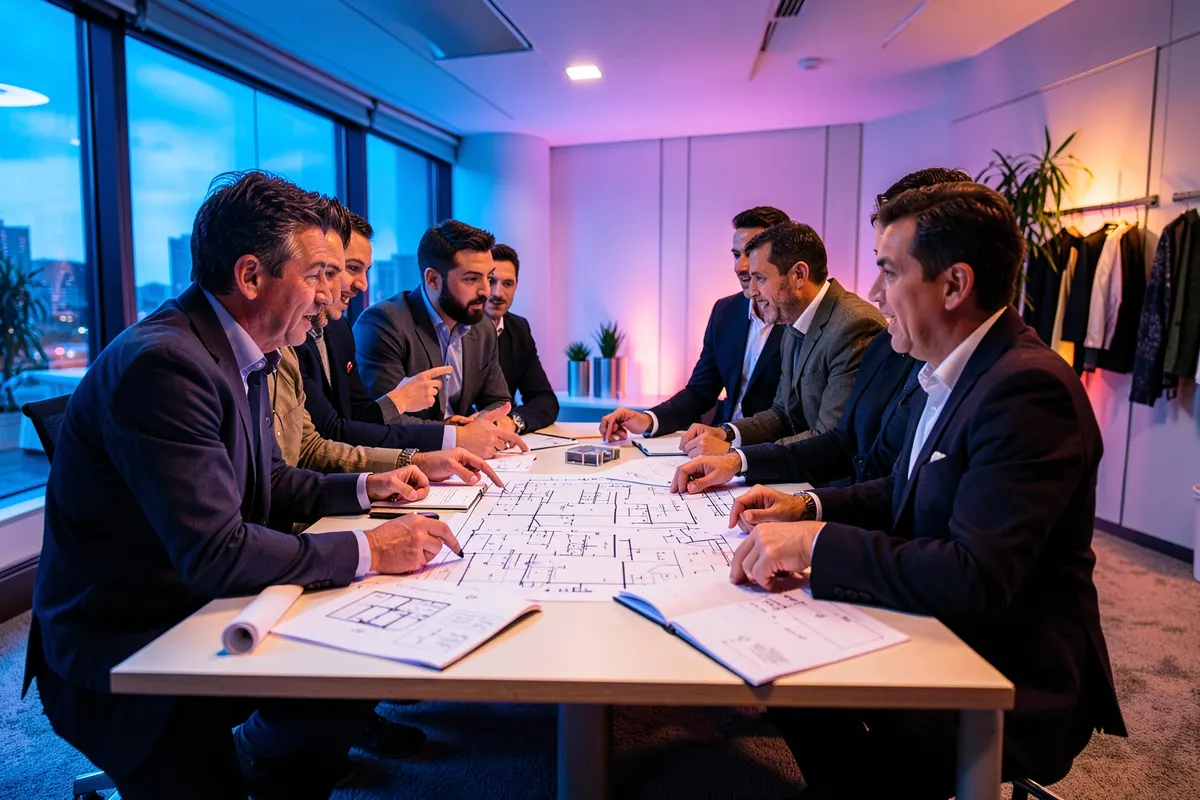 Grupo de profissionais analisando plantas e maquetes em uma mesa de reunião, discutindo a escolha de um espaço para eventos.