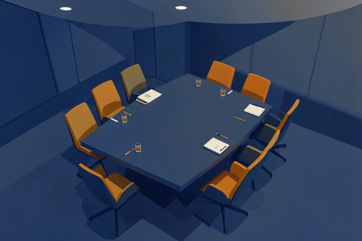 Uma sala de reuniões elegante com uma mesa longa e cadeiras confortáveis, pronta para um evento corporativo