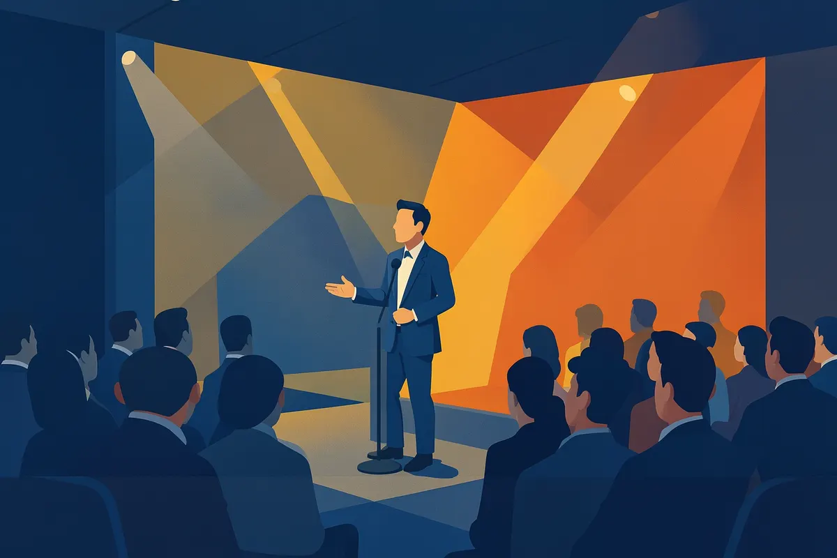 Um palco com um apresentador falando para uma plateia em um evento corporativo moderno