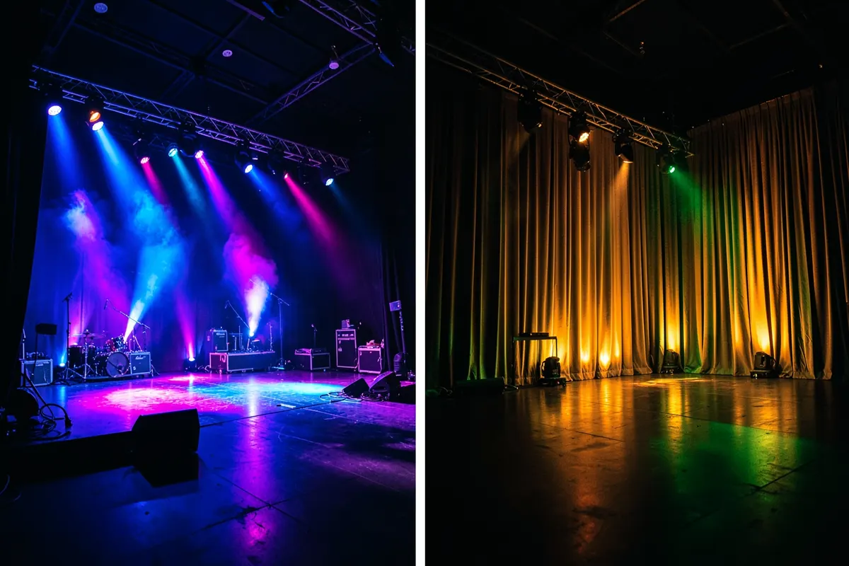 Palco com iluminação profissional em um salão de eventos vazio.