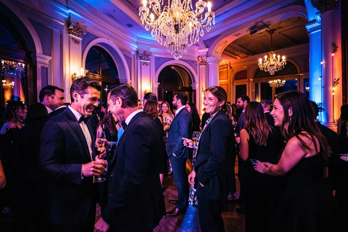 Pessoas conversando e sorrindo em um coquetel em um salão de eventos elegante.