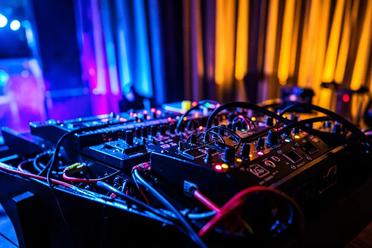 Detalhe de um sistema de som e iluminação de alta tecnologia em um palco.