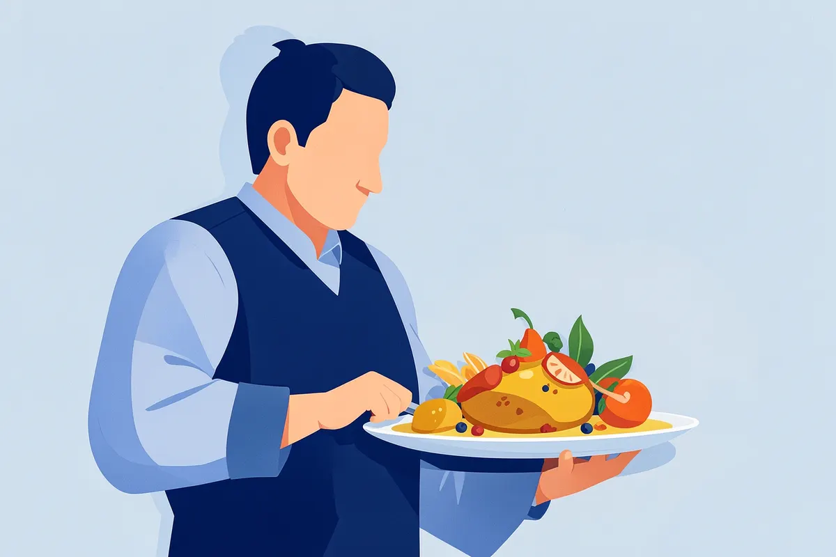 Um chef de cozinha apresentando um prato elaborado em um evento, com ingredientes frescos e coloridos em destaque.