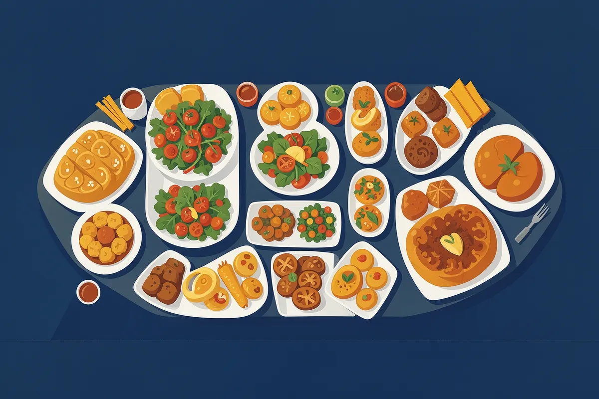 Um buffet de comida variada em um evento, com opções de finger foods, saladas e pratos principais, tudo disposto de forma atrativa.