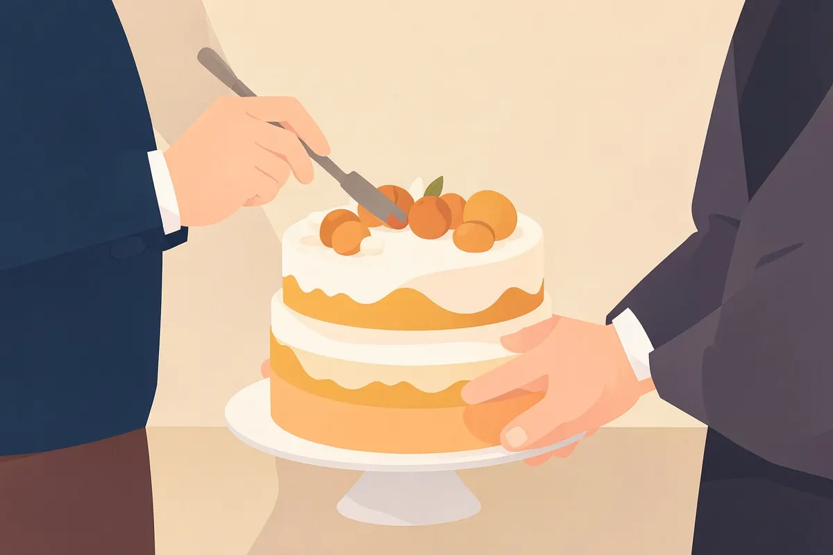 Um casal de noivos experimentando um bolo de casamento decorado, em um ambiente de degustação com foco em doçura e celebração.