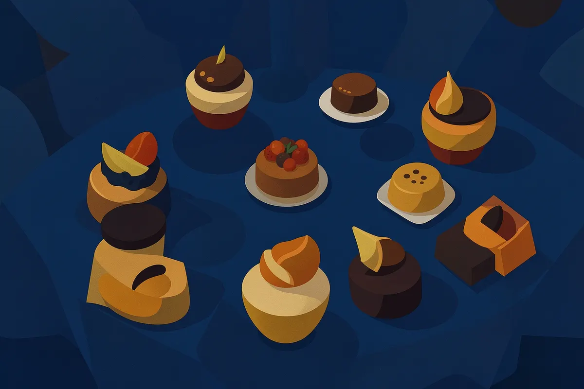 Mesa de doces finos com variedade de sobremesas e chocolates em um evento sofisticado, com iluminação elegante.