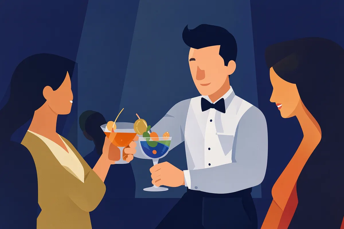 Um garçom servindo um coquetel colorido e decorado para convidados em um evento, com foco na experiência e no serviço.