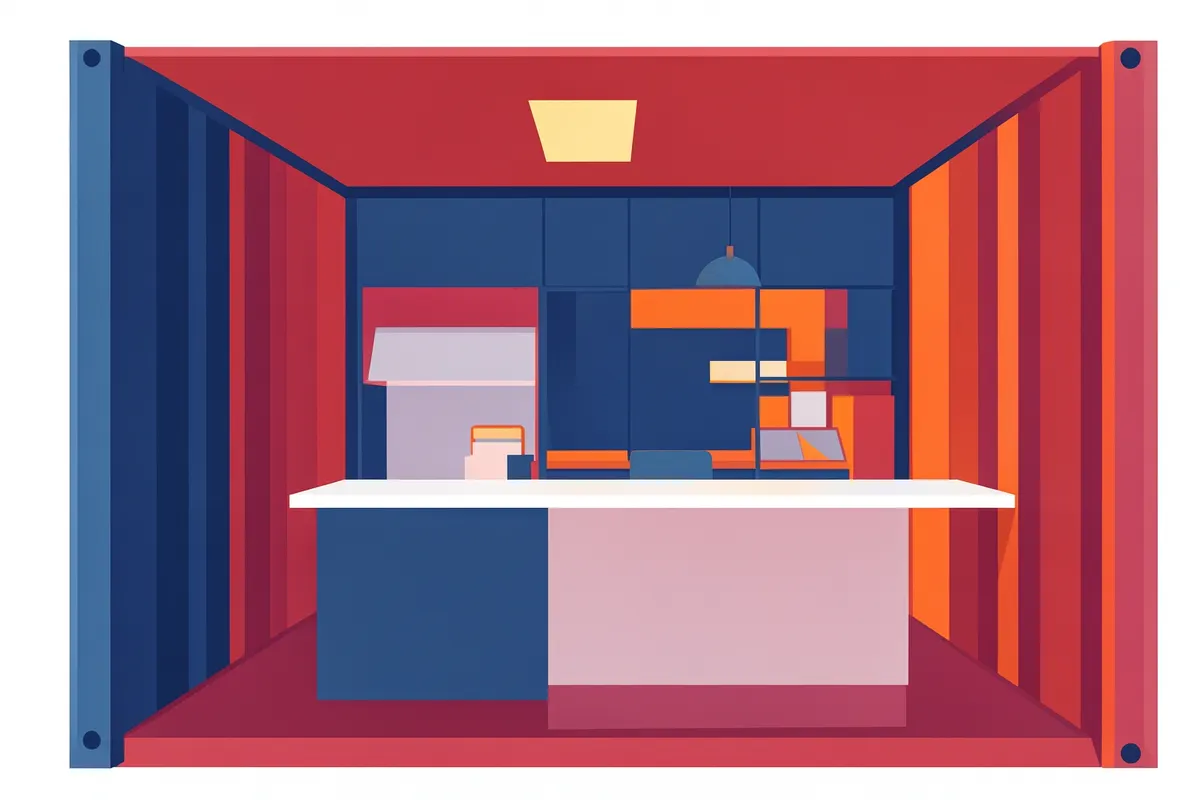 Interior de um container com balcão de lanches e área de preparo visível.