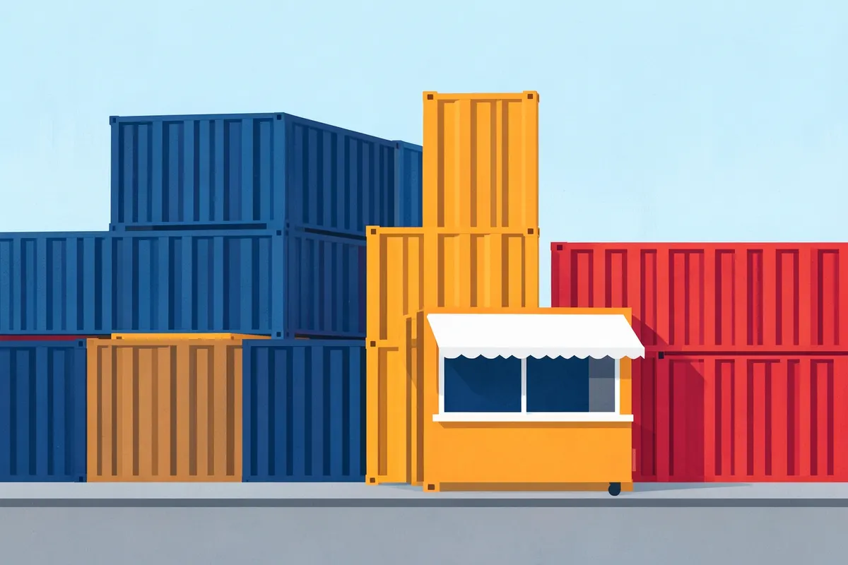 Vários containers coloridos empilhados, um deles adaptado como lanchonete.