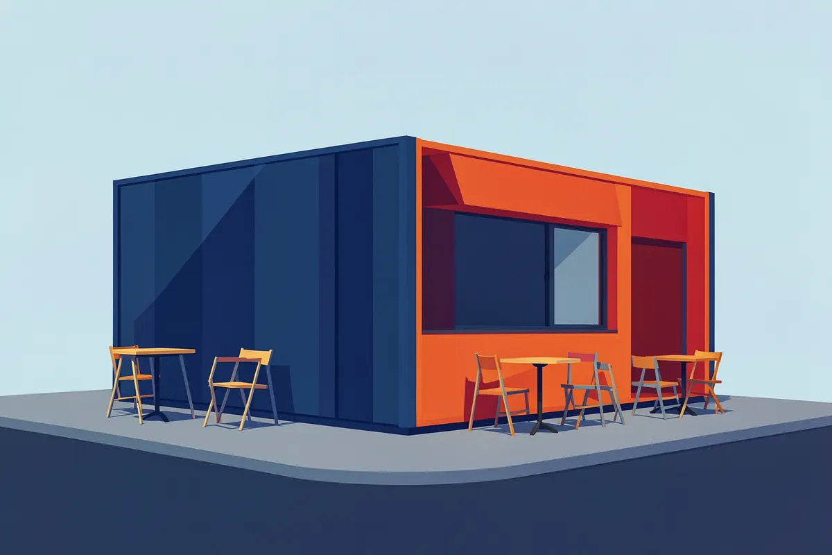 Esquina de rua com um container de hamburgueria estacionado, com mesas ao ar livre.