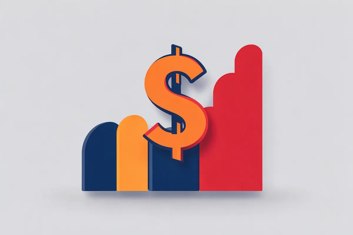 Gráfico de barras ascendente com símbolo de dólar, representando lucro.