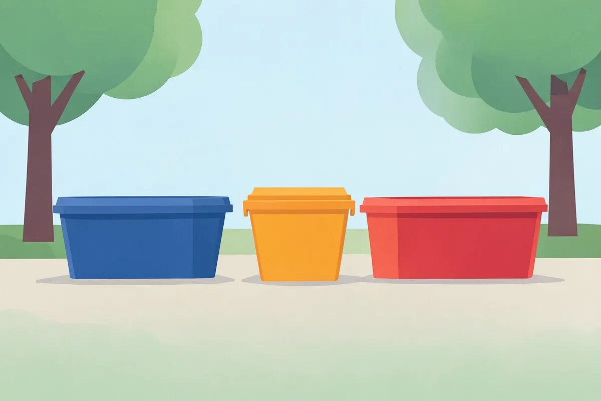 Vários containers coloridos de lanches alinhados em um parque.