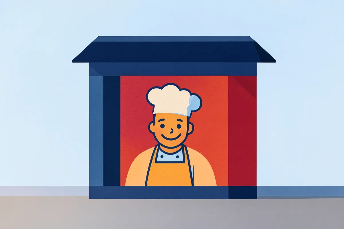 Fachada de um container de lanches com um chef sorrindo.